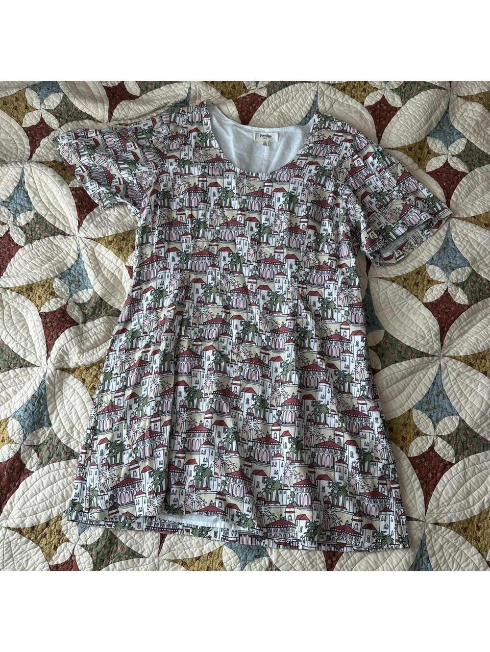 Anthropologie Mini Dress in White with Burgundy & Green Village Print